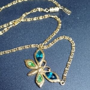 1928 Gold Butterfly Necklace with Blue and Green Gems